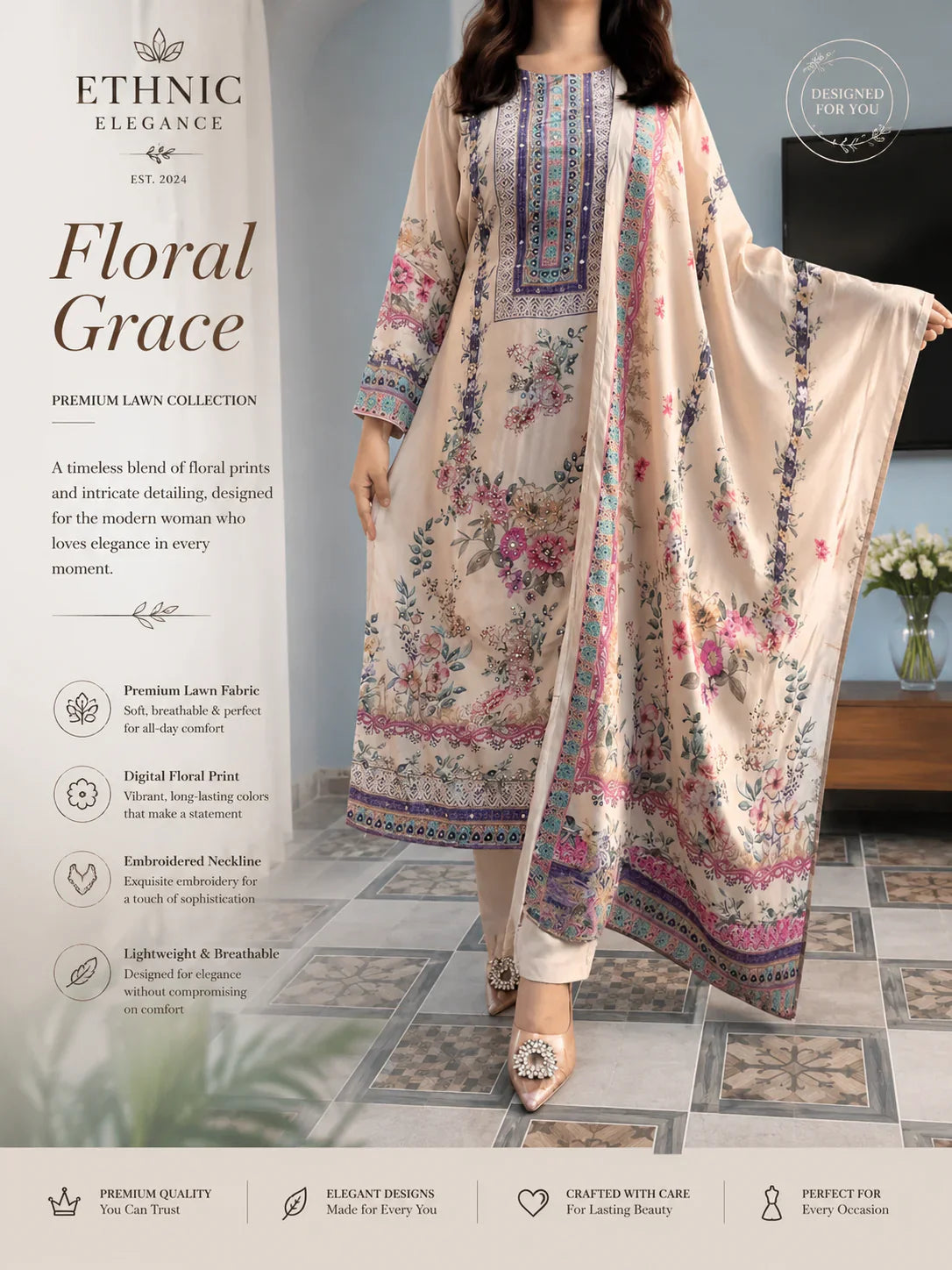 Luxury Pastel Cream Floral Printed Muslin Suit Set with Designer Dupatta