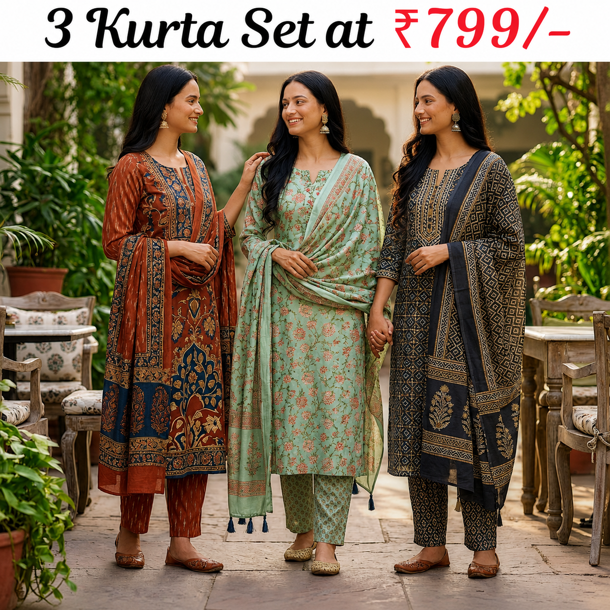 Pack of 3 Women’s Designer Kurta Sets – Ethnic Kurta Pant Dupatta Set for Women (P3K-15)